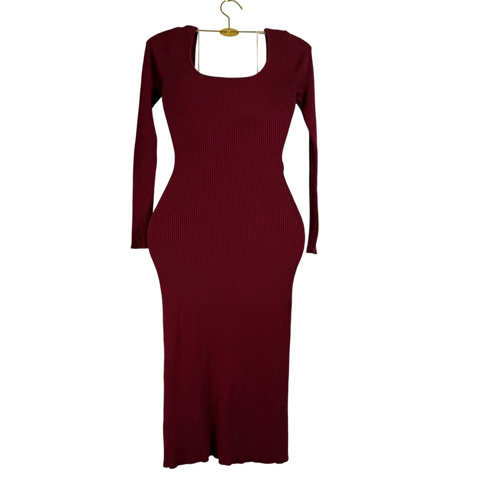 Windsor Ribbed Square Neck Long Sleeve Button Slit Maxi Dress Burgundy Size S‎ - Picture 4 of 8